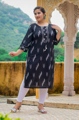 Plus Size Black Cotton Ikat Print Straight Kurta-383
