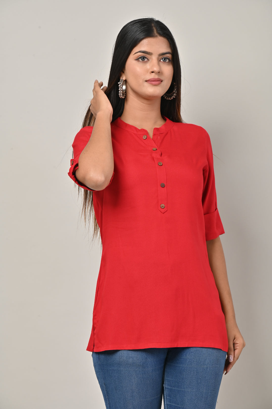 Red Cotton Blend Solid  Short Kurta-562