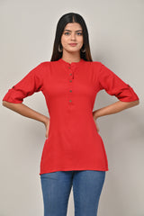 Red Cotton Blend Solid  Short Kurta-562