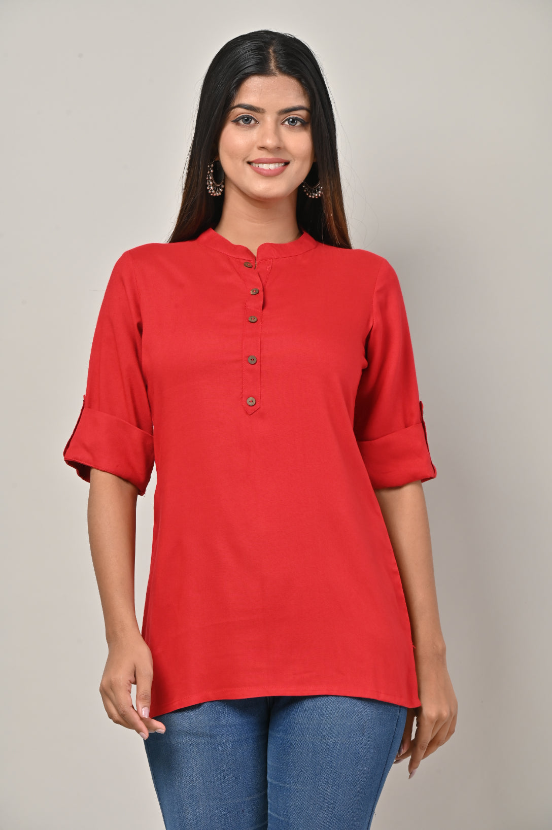 Red Cotton Blend Solid  Short Kurta-562