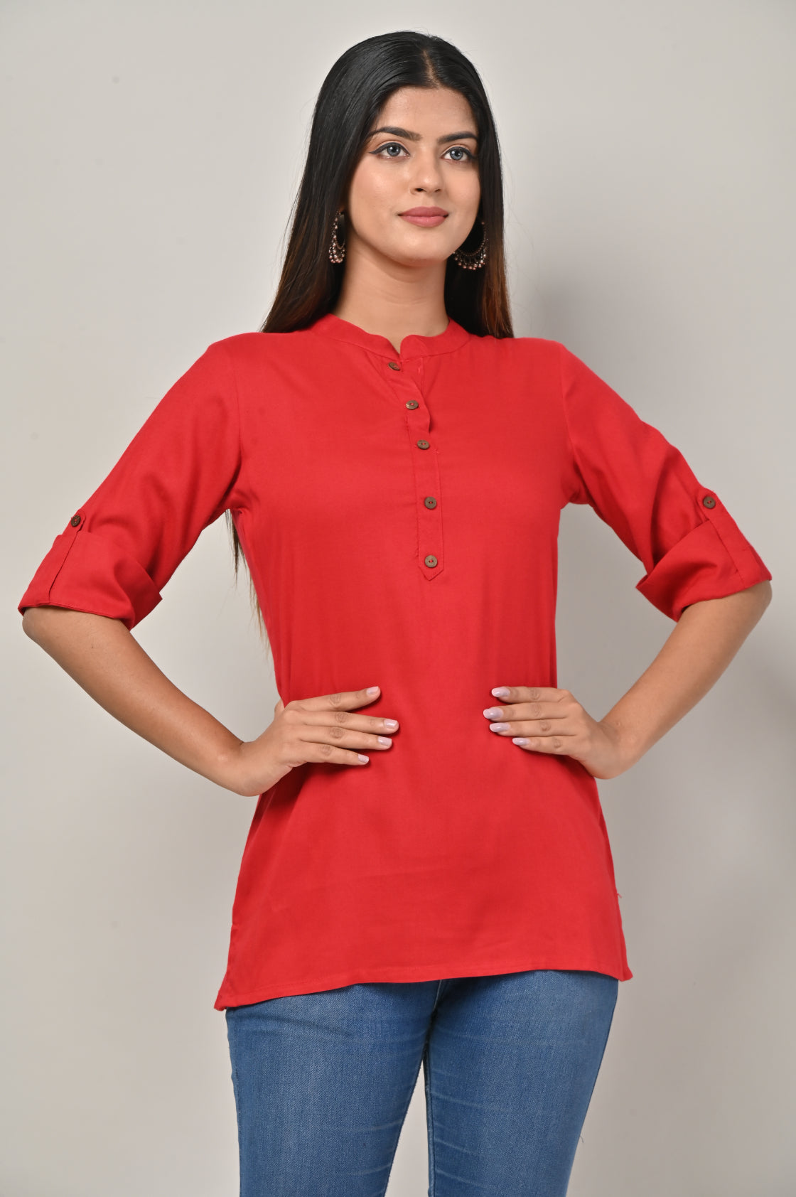 Red Cotton Blend Solid  Short Kurta-562
