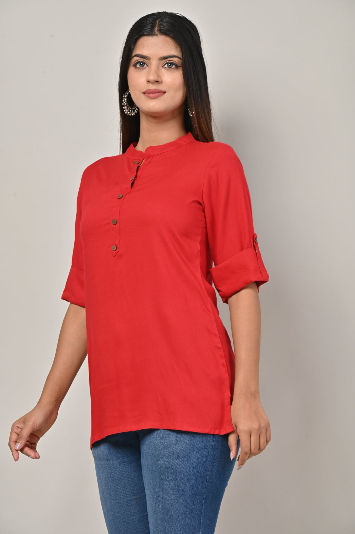 Red Cotton Blend Solid  Short Kurta-562