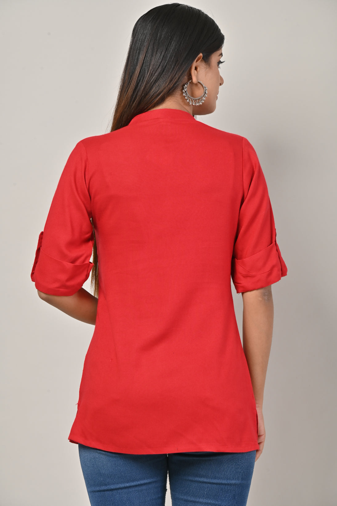 Red Cotton Blend Solid  Short Kurta-562