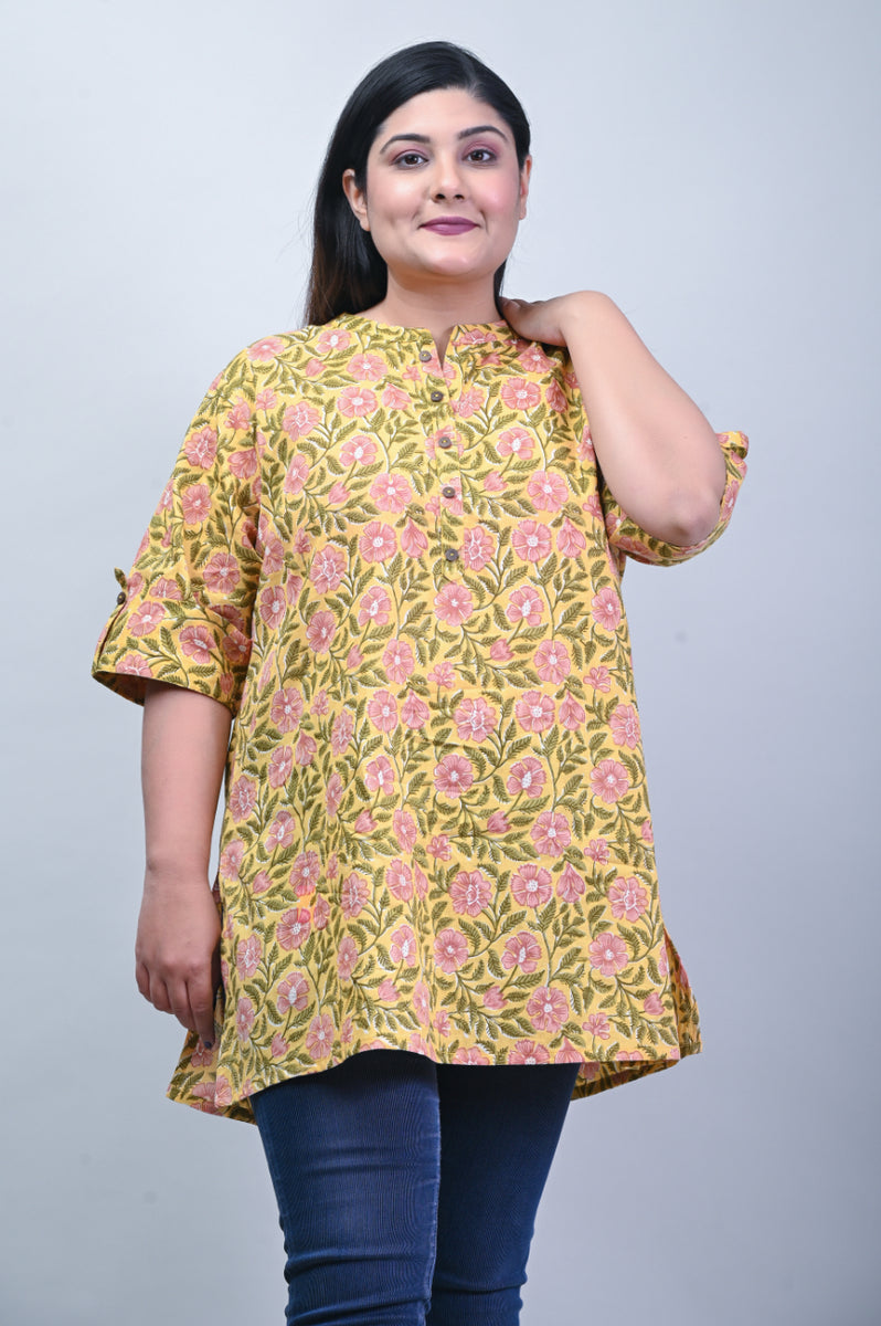 Plus Size Yellow Cotton Floral Print Short Kurta-625 - Swasti Clothing