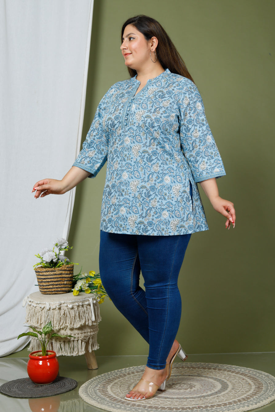 Plus Size Blue Cotton Floral Print Short Kurta-631 Secondary image