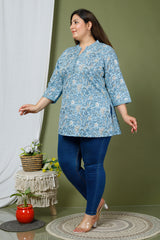 Plus Size Blue Cotton Floral Print Short Kurta-631