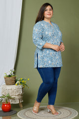 Plus Size Blue Cotton Floral Print Short Kurta-631