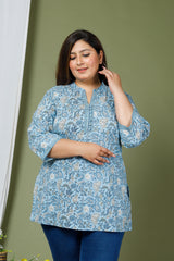 Plus Size Blue Cotton Floral Print Short Kurta-631