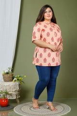 Plus Size Peach Cotton Floral Print Short Kurta-633