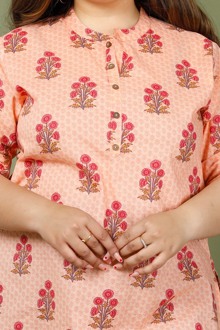 Plus Size Peach Cotton Floral Print Short Kurta-633