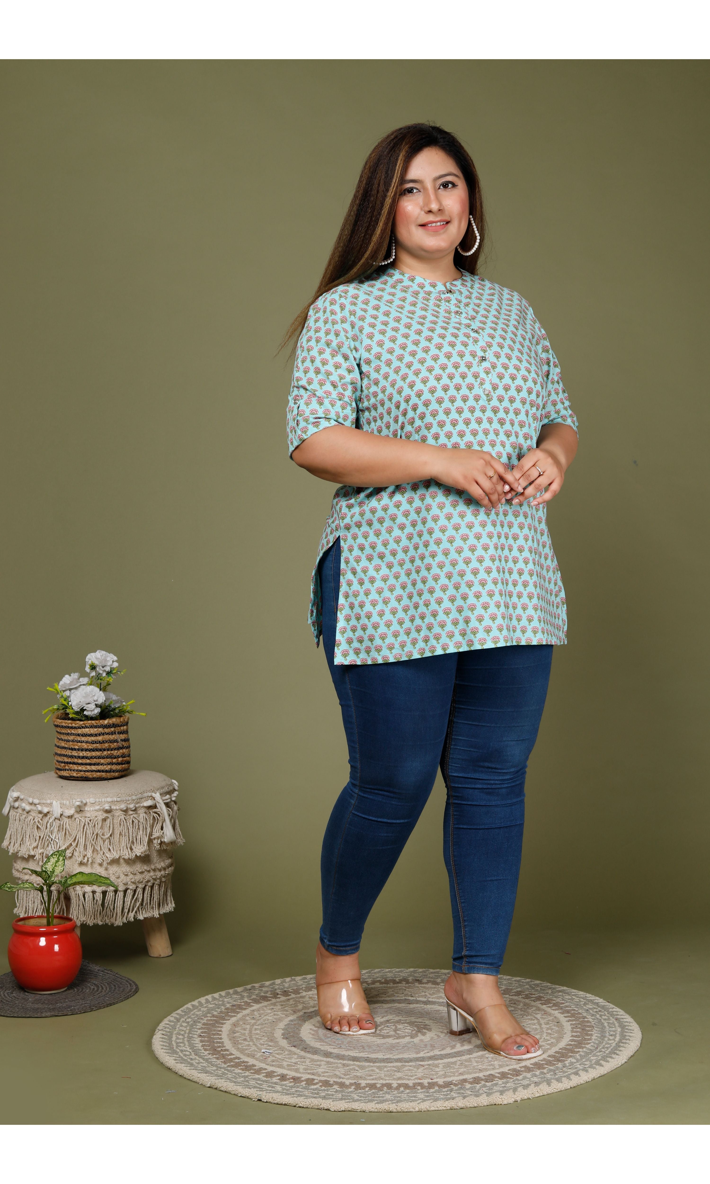 Plus Size Blue Cotton Floral Print Short Kurta-653 Secondary image