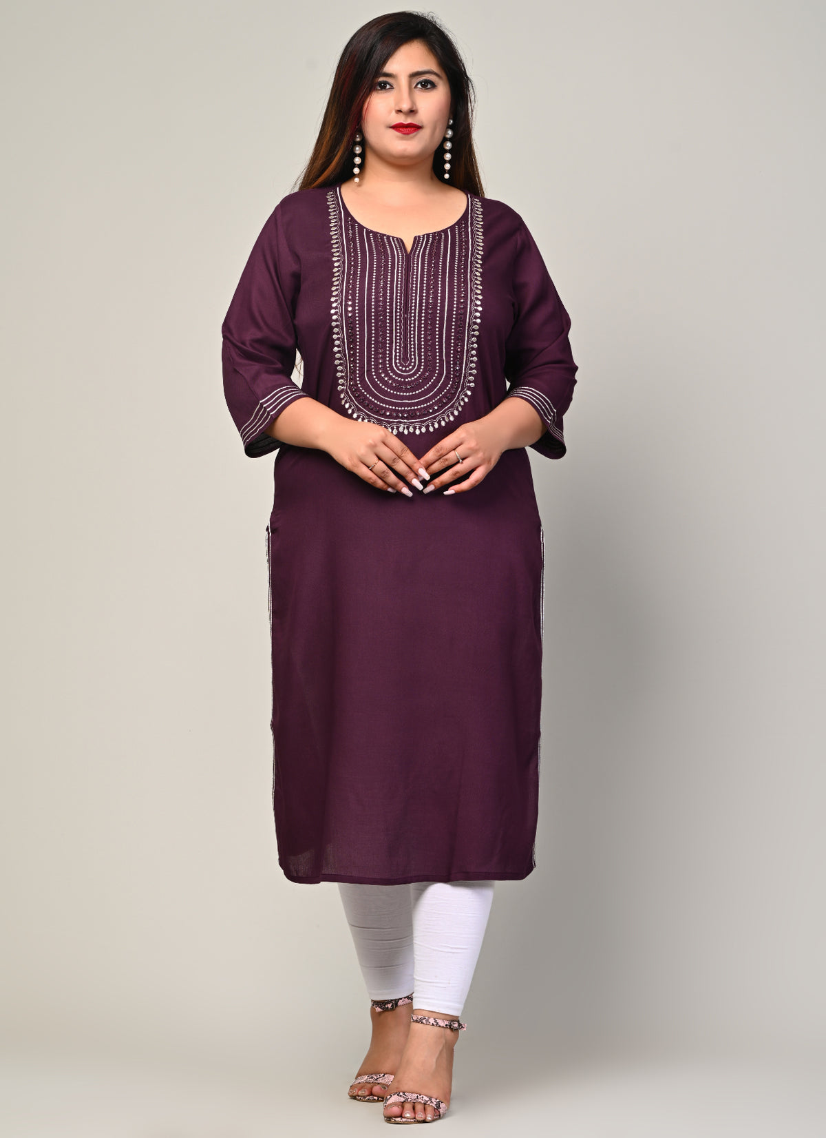 Plus Size Purple Cotton Blend Embroidered Straight Kurta-246