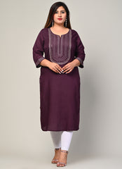 Plus Size Purple Cotton Blend Embroidered Straight Kurta-246
