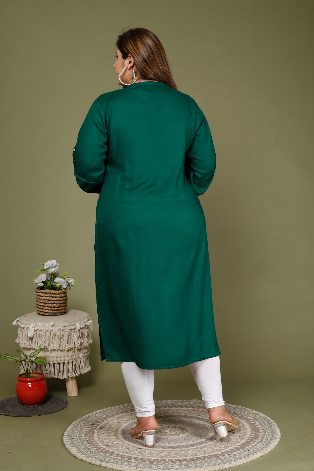 Plus Size Green Cotton Blend Straight Kurta-636