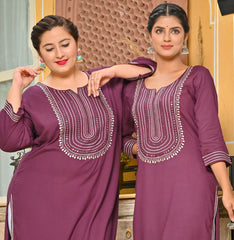 Plus Size Purple Cotton Blend Embroidered Straight Kurta-246
