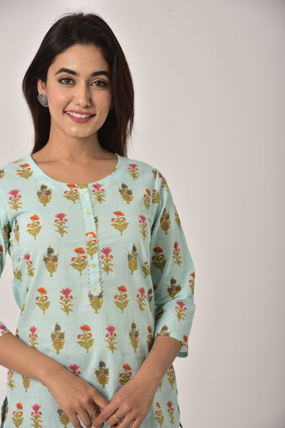 Blue Cotton Floral Print Short Kurta-444