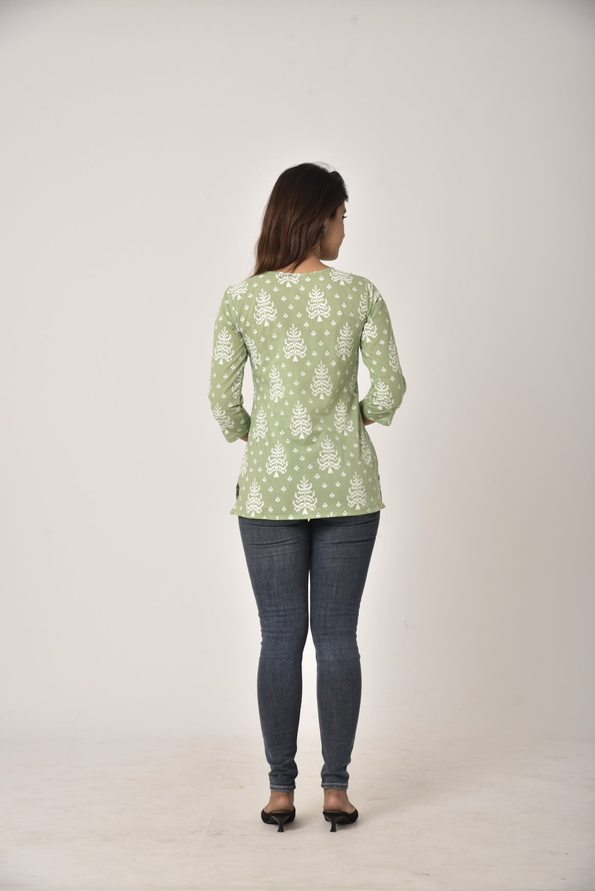 Green Cotton Ikat Print Short Kurta-450