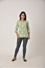 Green Cotton Ikat Print Short Kurta-450