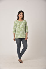 Green Cotton Ikat Print Short Kurta-450