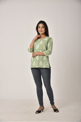 Green Cotton Ikat Print Short Kurta-450
