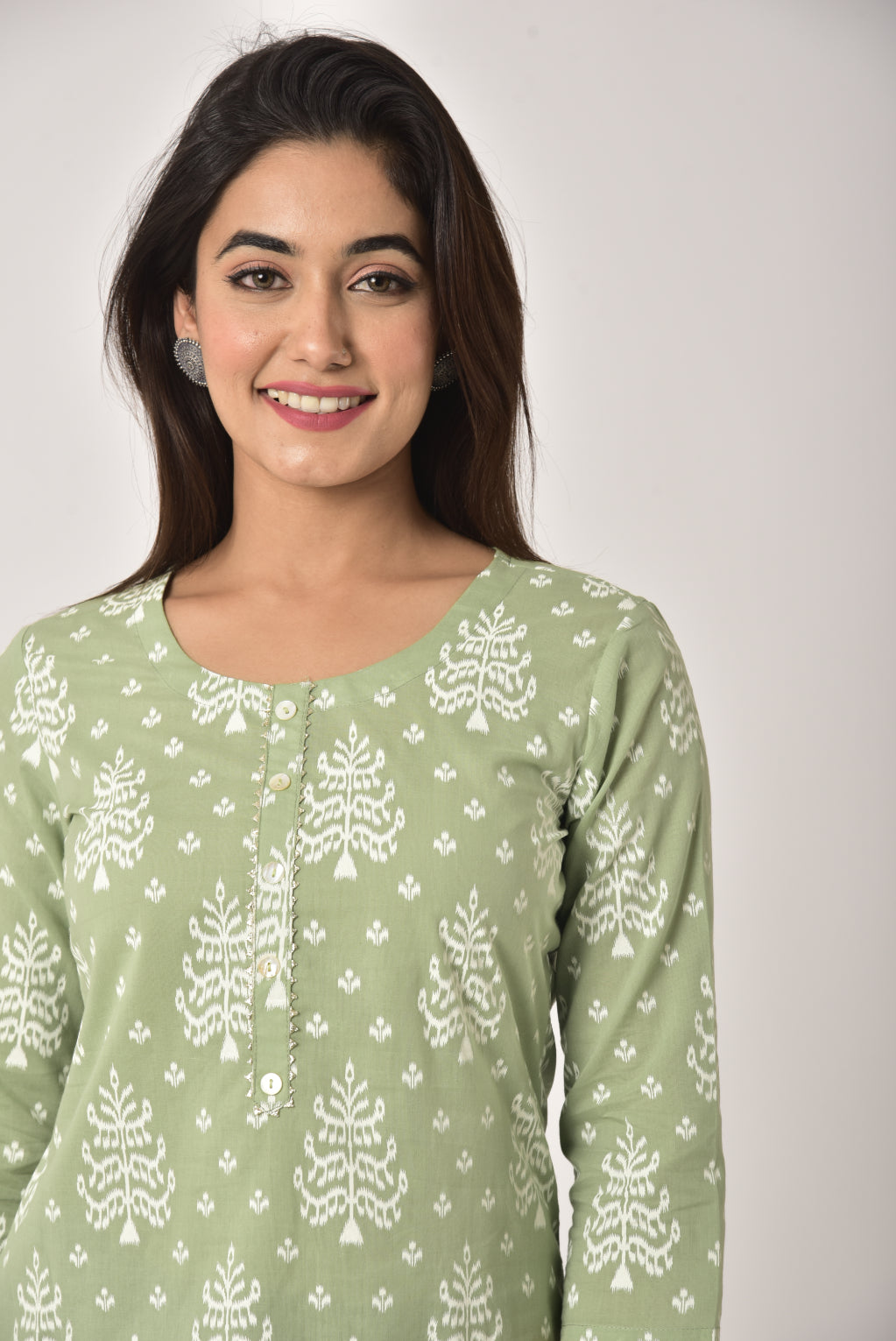 Green Cotton Ikat Print Short Kurta-450