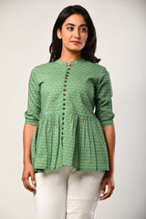 Green Cotton Floral Print Straight  Short Kurta-499