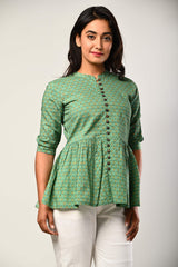 Green Cotton Floral Print Straight  Short Kurta-499