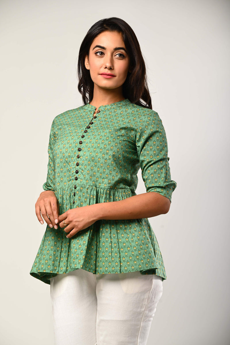 Green Cotton Floral Print Straight Short Kurta-499 - Swasti Clothing