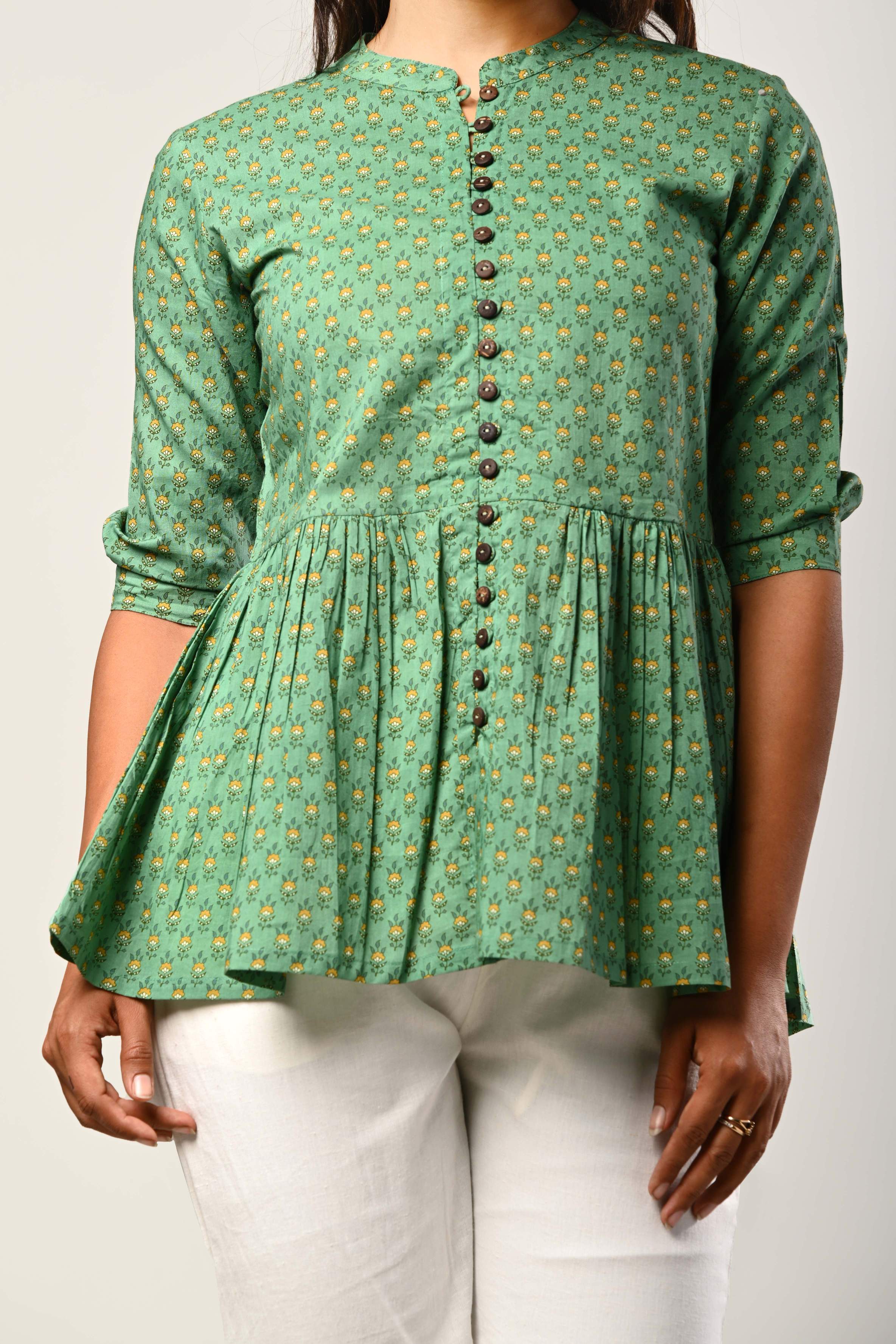 Green Cotton Floral Print Straight  Short Kurta-499
