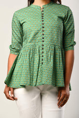 Green Cotton Floral Print Straight  Short Kurta-499