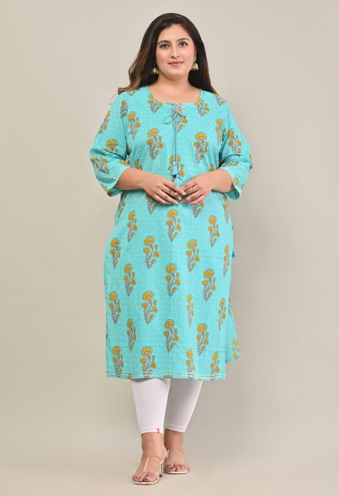 Plus Size Turquoise Cotton Floral Print Straight Kurta-574