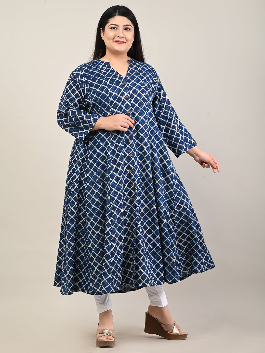 Plus Size Blue Cotton Blend Printed A Line Kurta-602